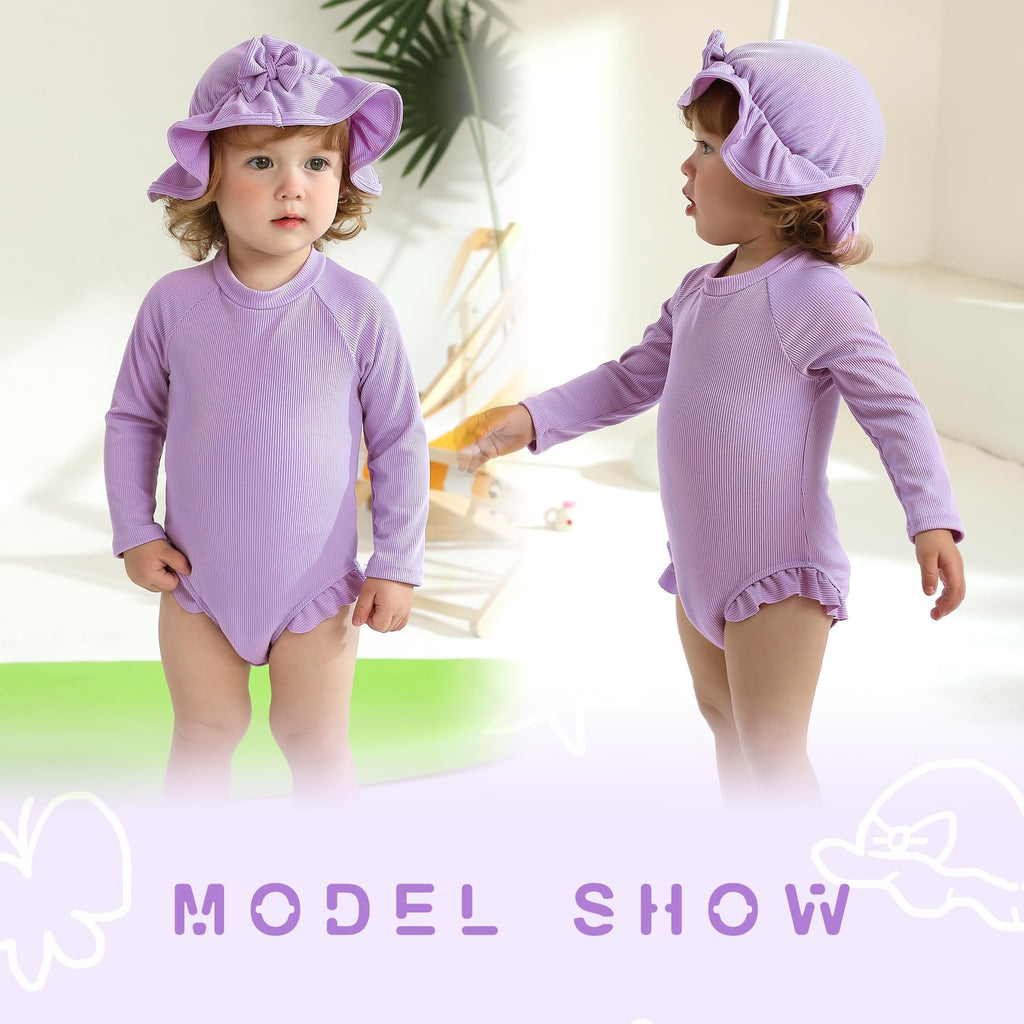 Infant Baby Girls Swimsuit Long Sleeve Swimsuit One Piece Swimsuit Solid Color Bathing Suit with Hat, UPF 50+（Purple, 12-18 Months）