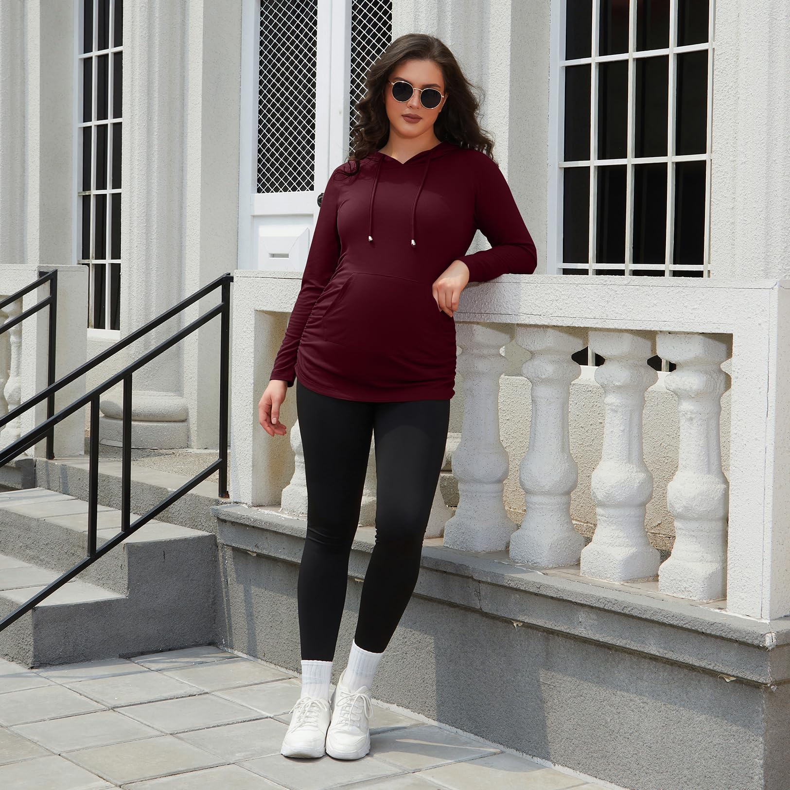 GINKANA Maternity Hoodie Sweatshirt Long Sleeve Basic Top Ruch Sides for Pregnant Women,Burgundy Red,Small