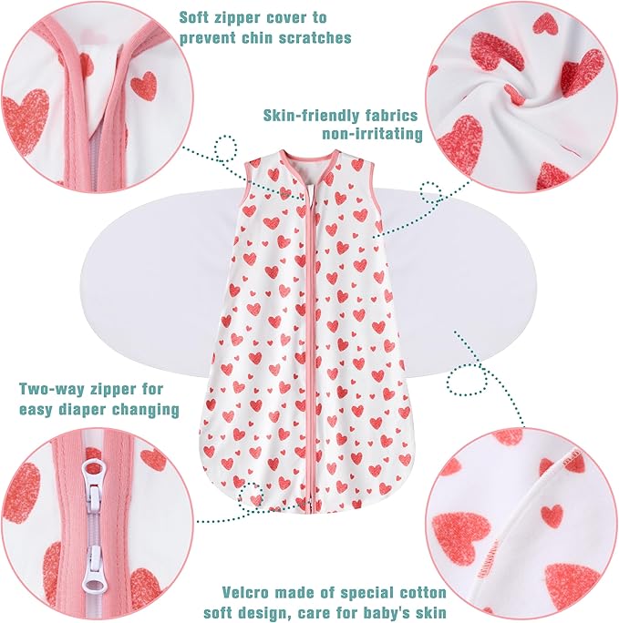 Newborn Sleep Sack Baby Swaddle,Swaddle me 6-12 Month,3-Way Adjustable Wearable Blanket,100% Rayon Cotton Swaddling Sleeping Bag，TOG 0.5 (Love, 6-12 Months)