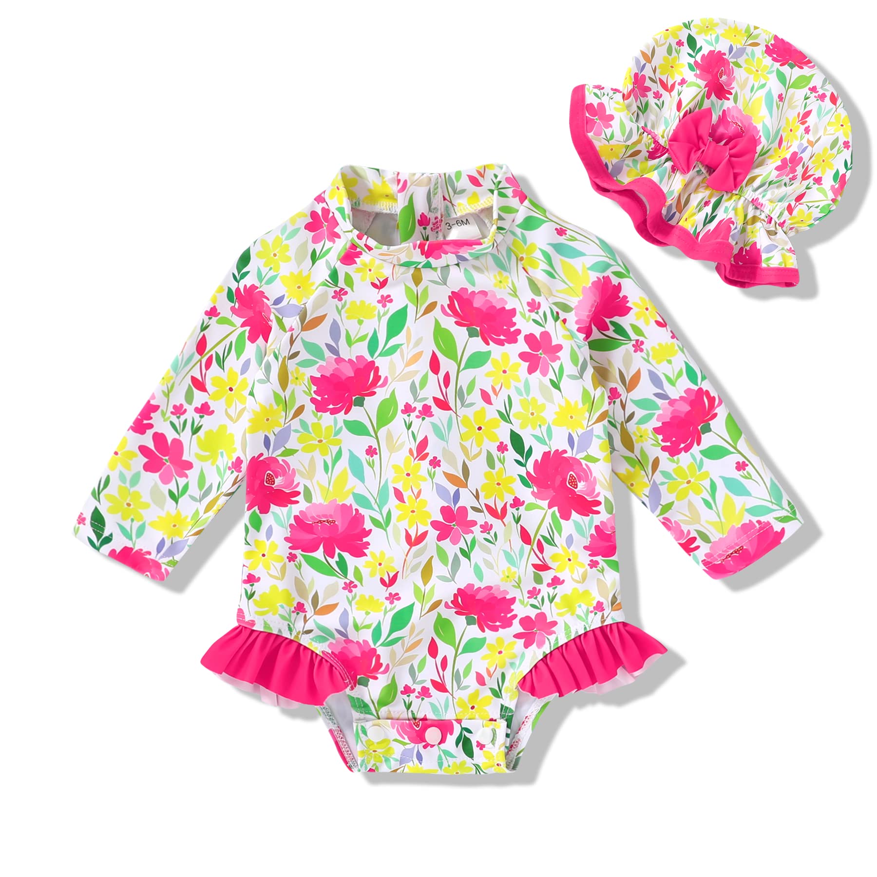 Infant Baby Girl Swimsuit One-Piece Long Sleeve Rash Guard with Hat Set Floral Zipper Bathing Suit Leopard Beach Wear(Bright Yellow, 12-18M)