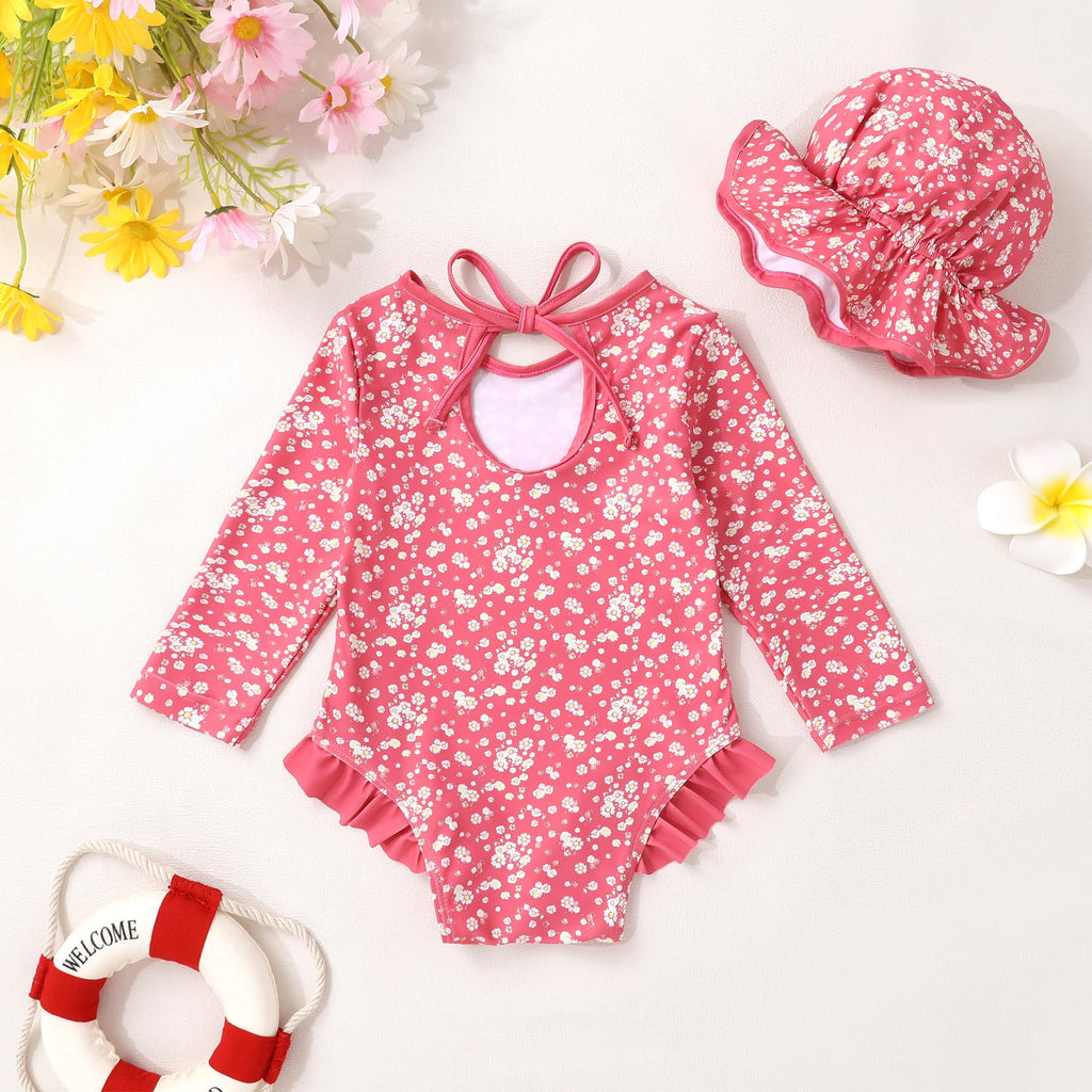 Infant Baby Girls Long Sleeve One Piece Swimsuit with Hat Floral Zipper Bathing Suit Leopard Beach Wear (Rose Red Edged Floral Fragments，18-24Months)