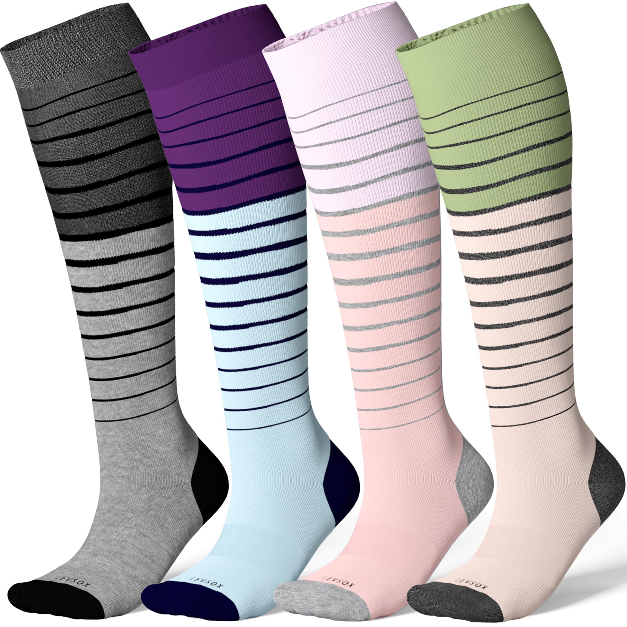 LEVSOX Viscose Made from Bamboo Compression Socks for Pregnant Women 20-30 mmHg Knee High Cute Funny Mens Supports Socks for Nurses, Medical, Travel and Flight, Stripe