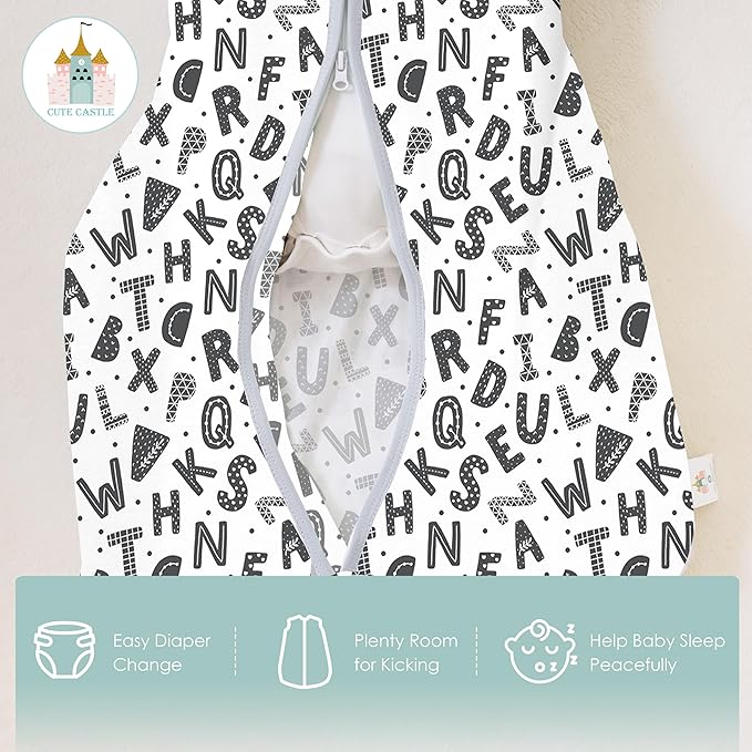 Cute Castle Baby Sleep Sack 12-18 Months - Lightweight 100% Cotton 2-Way Zipper TOG 0.5 Infant Wearable Blanket, Newborn Essentials Toddler Sleep Clothes, 3 Pack(Gray, Letters, Stars)