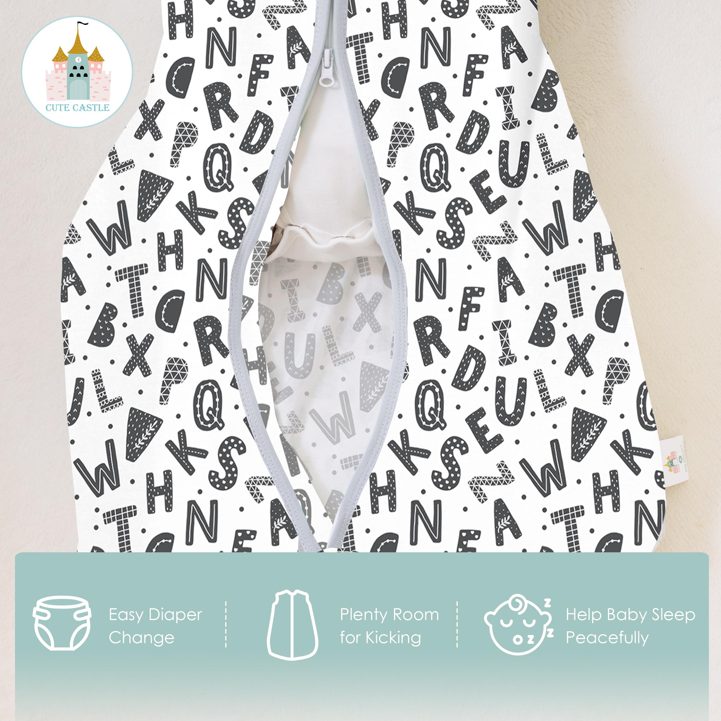 Cute Castle Baby Sleep Sack 12-18 Months - Lightweight 100% Cotton 2-Way Zipper TOG 0.5 Infant Wearable Blanket, Newborn Essentials Toddler Sleep Clothes, 3 Pack(Gray, Letters, Stars)