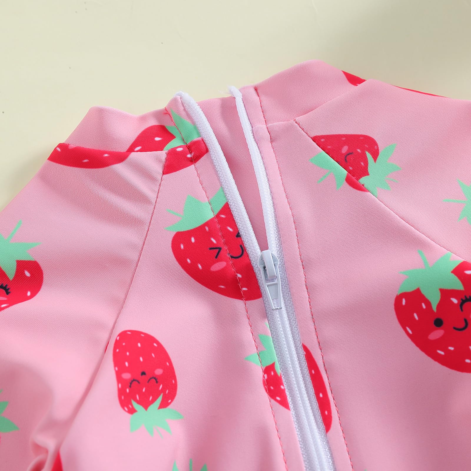 WOLBAY Baby Girl Swimsuit Long Sleeve One Piece Rash Guard with Sun Hat Zipper Bathing Suit Size 0-2T (US, Age, 18 Months, 24 Months, Strawberry)