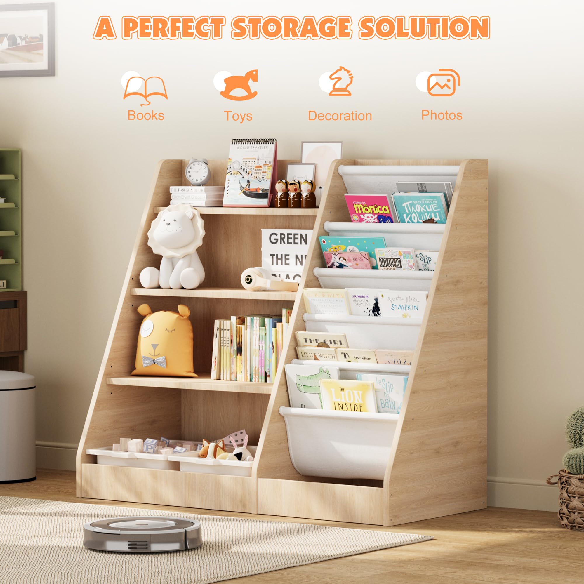HedoAjim 4 Tier Kids Wooden Bookshelf,Five Layer Sling Children Bookcase,Baby Storage Book Rack,Book and Toy Organizer Cabinet Chest,Book Display Shelf,Playroom Nursery Classroom Library