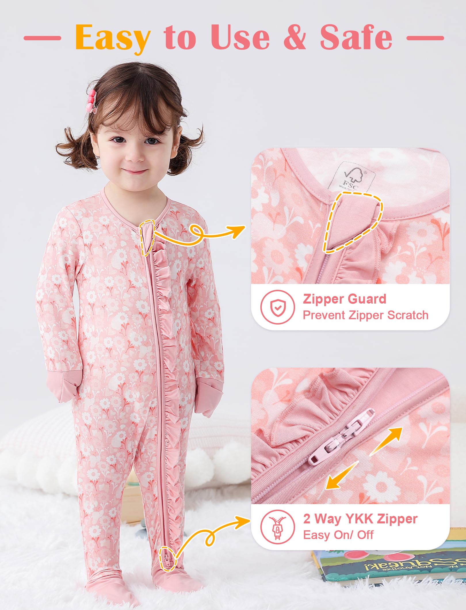 JunNeng Baby Girl Viscose from Bamboo Sleeper Pajamas with Mitten Cuffs 6-12M