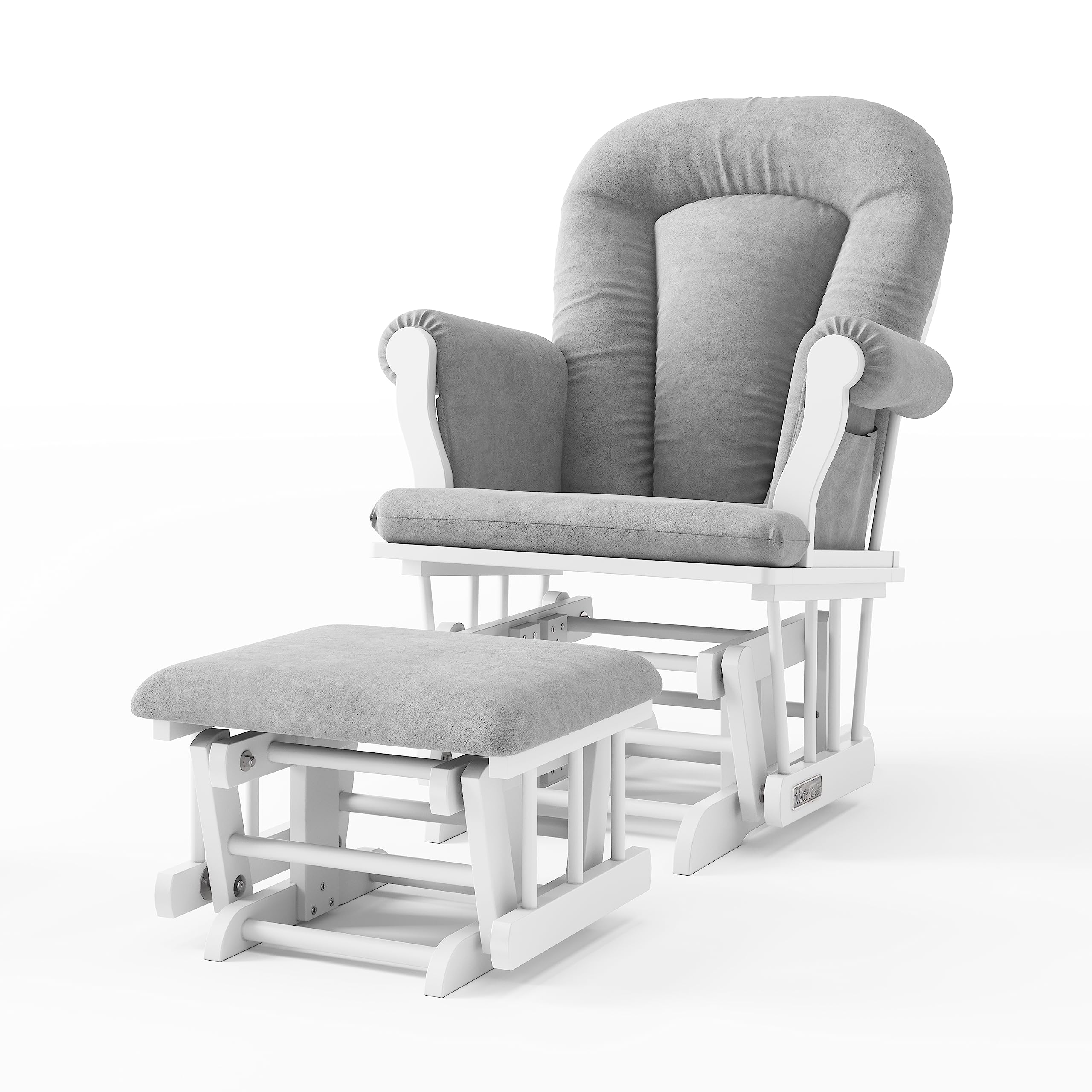 Child Craft Cozy Glider Rocker and Ottoman Set, Smooth Quiet Gliding Motion, Padded Cushion with Convenient Storage Pockets, Solid Wood Base & Frame (Matte White with Light Gray Cushion)