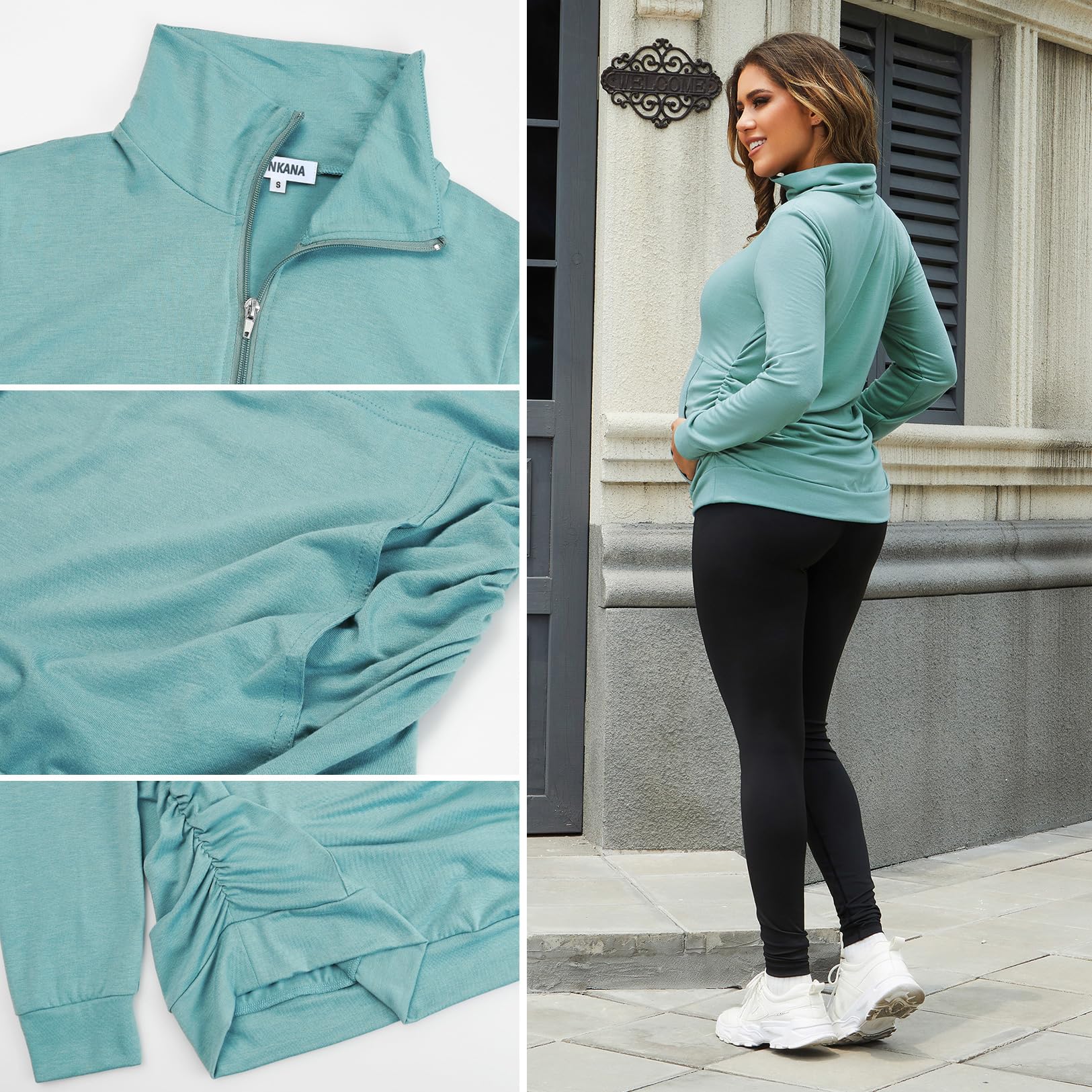 GINKANA Maternity Pullover Tops Maternity Zipper Shirts Lapel Long Sleeve Casual Lightweight Pregnancy Tops with Pockets,Sage Green+Burgundy,L