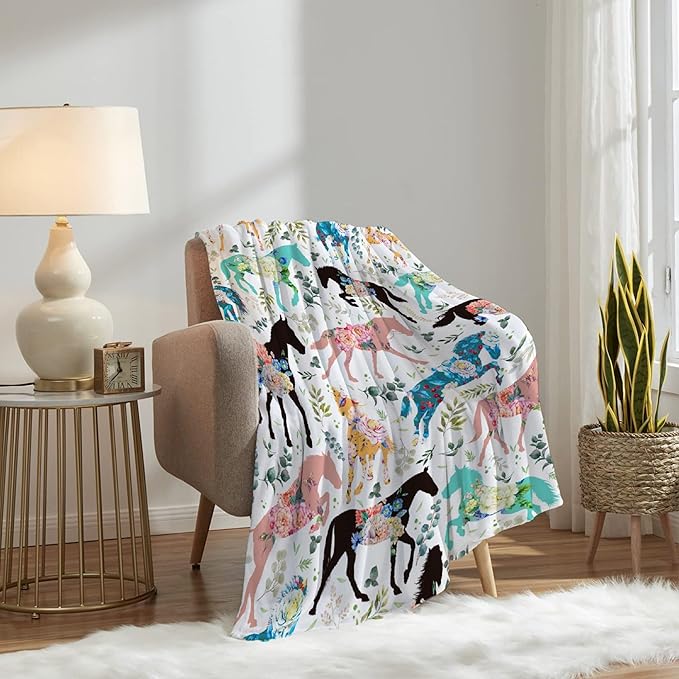 Colorful Floral Horse Blanket for Adults,Flowers Animals Throw Blanket for Girls Boys Lightweight Cute Horse Soft Cozy Flannel Blanket for Kids 90 * 120 Inches