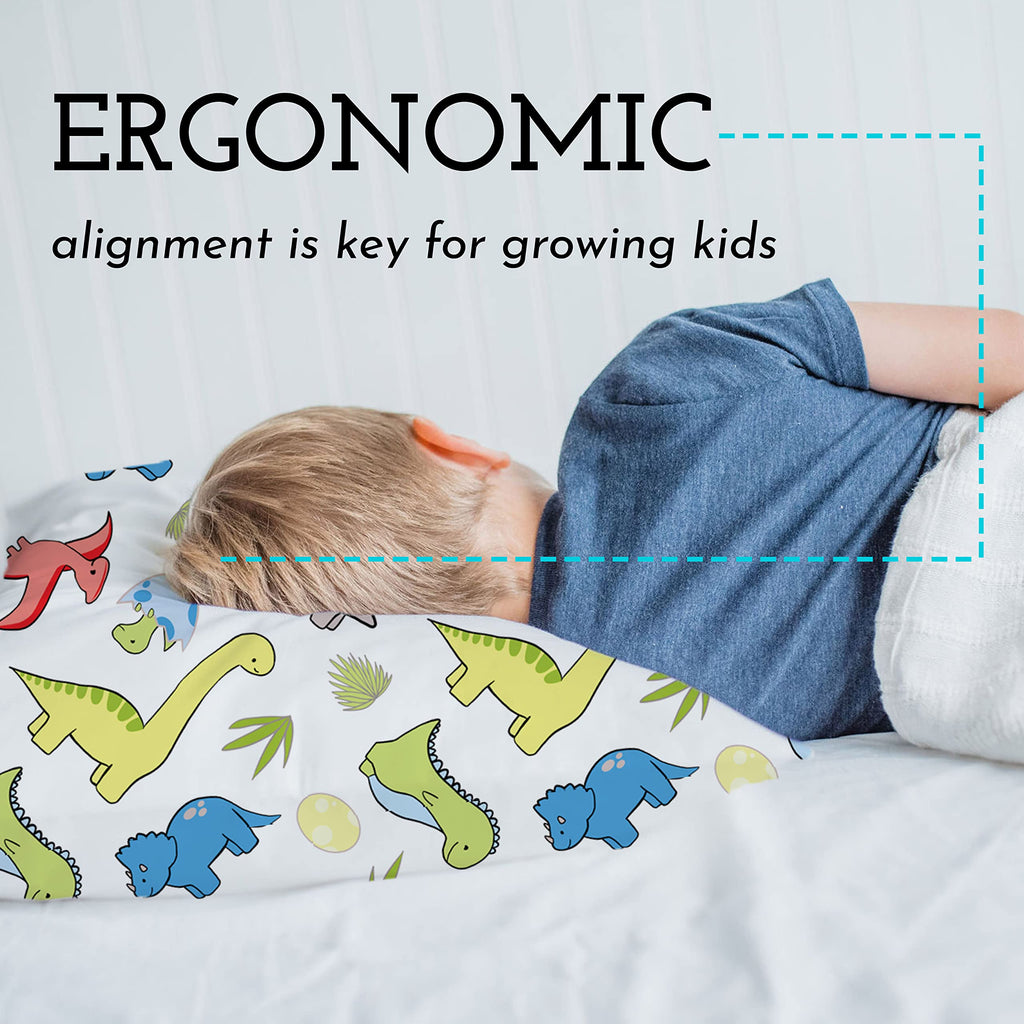 Little Sleepy Head Toddler Pillow with Cotton Pillowcase – 13x18 Kids Pillow for Ages 2–5 – Soft Hypoallergenic Toddler Bed Pillow for Travel, Daycare & Preschool – (Dinosaurs White)