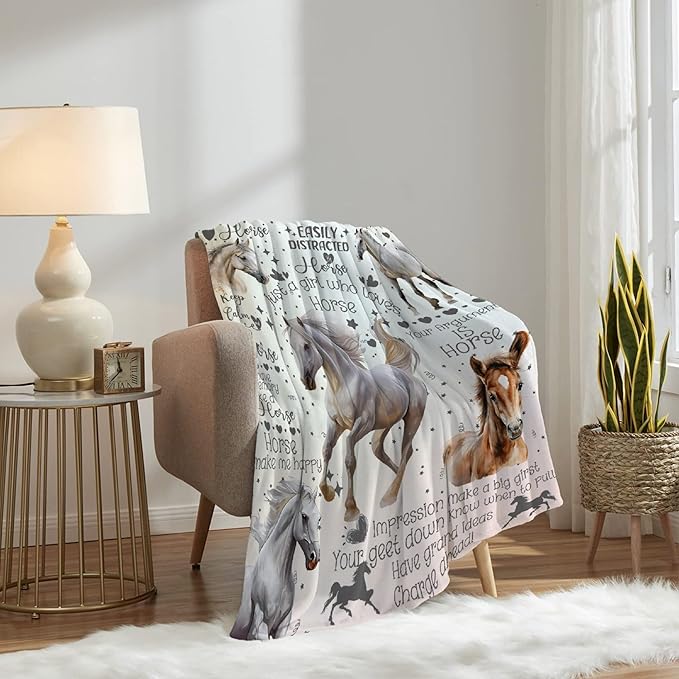 Horse Blanket for Adults,Flowers Animals Throw Blanket for Girls Boys Lightweight Cute Horse Soft Cozy Flannel Blanket for Kids 90 * 120 Inches