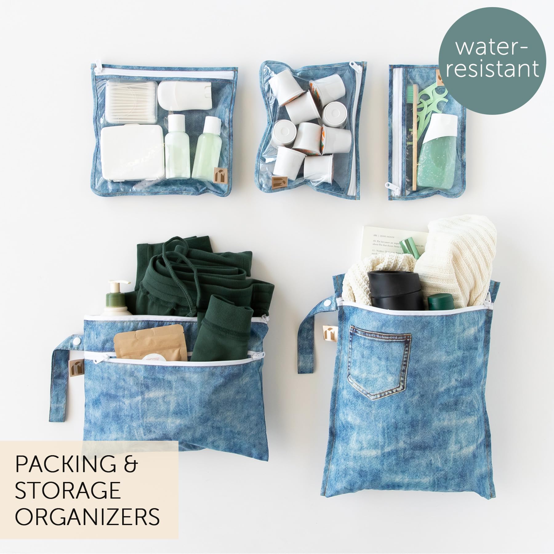 Bumkins Roamio Travel Set – Waterproof Wet Bag, Wet/Dry Clutch, 3 Clear TSA Pouches – Reusable Organizers for Swim, Gym, Toiletries, Baby Gear, Pump Parts, Beach, Pool, Travel, Faux Denim 5-pc Set