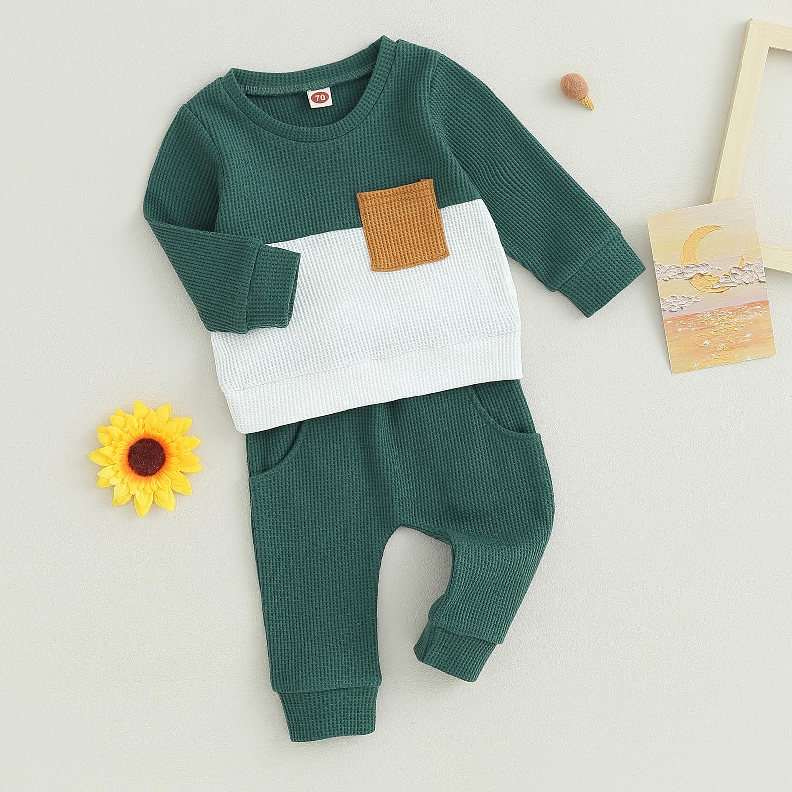 GGBNOMER Toddler Baby Boy Fall Clothes Waffle Contrast Color Sweatshirt Pants Sets Infant Winter Outfits 6 12 18 24 Months (Dark Green, 2-3T)