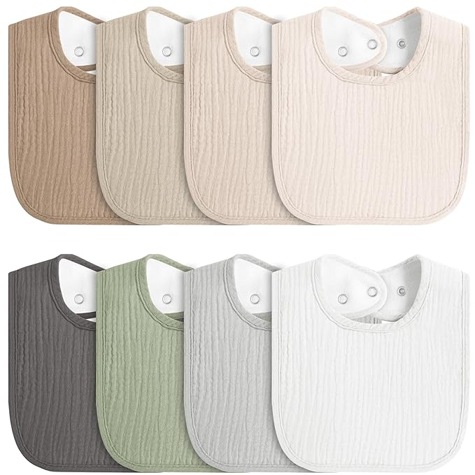 8-Pack Baby Muslin Bibs, Soft Cotton Drool Bibs for Boys Girls, Adjustable and Absorbent Newborn Bib Set for Feeding and Drooling
