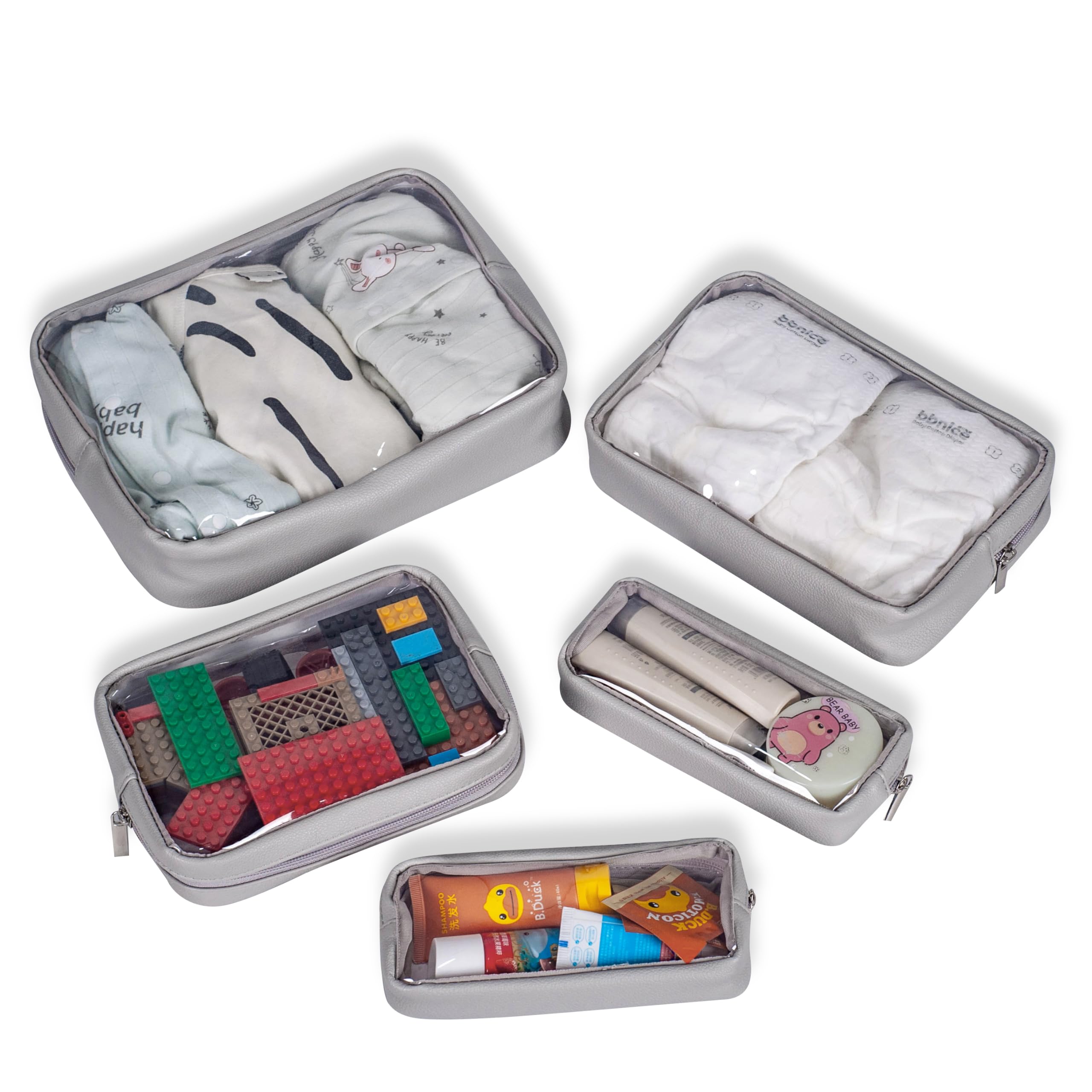 Remobia Hicol TSA Approved 5-Piece Diaper Bag Organizer Pouch Set Clear Waterproof TPU Kids Toiletry Storage Set Travel Packing Clutch Cube Bags for Baby Nursing (Light Gray)