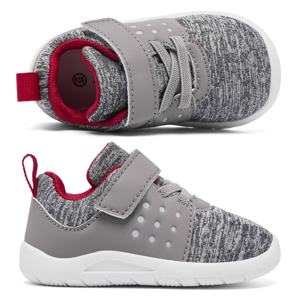 MORENDL Toddler Baby Shoes 0-4 Years Boy Girl Lightweight Breathable Non-Slip Sports Sneakers Running Walking Tennis Barefoot Shoes MixGrey Red Size 7