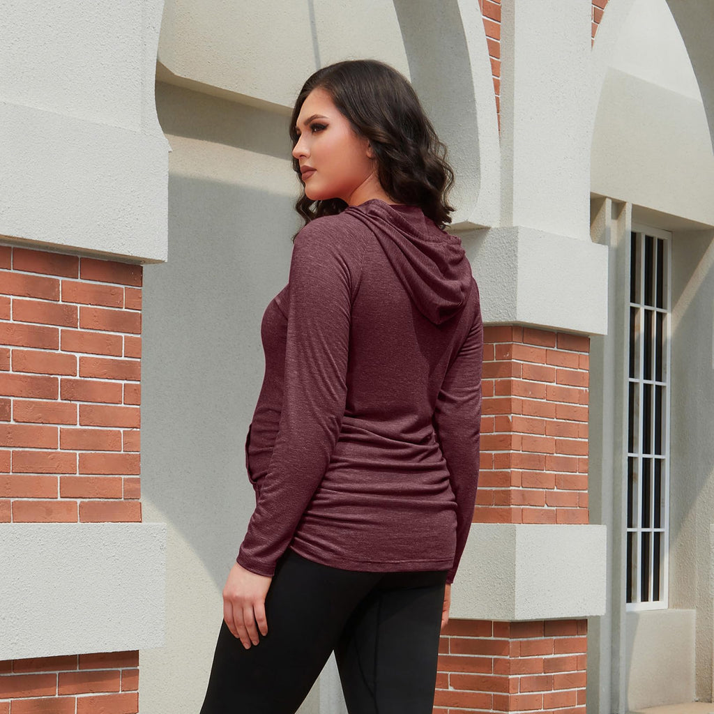 GINKANA Maternity Hoodie Long Sleeves Shirts Top Pregnancy Sweatshirt Casual Maternity Blouses,Maroon,M