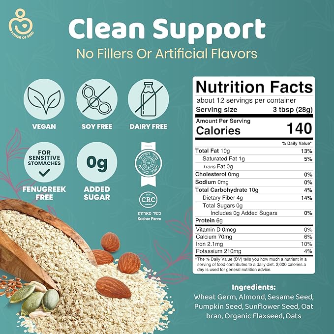 Milkrush Lactation Support for Breastfeeding - Oats Seeds & Almond Lactation Drink Mix - Milk Booster for Breastfeeding Superfood Mix with Omega 3, Iron & Calcium - Kosher Certified - 12oz Bag