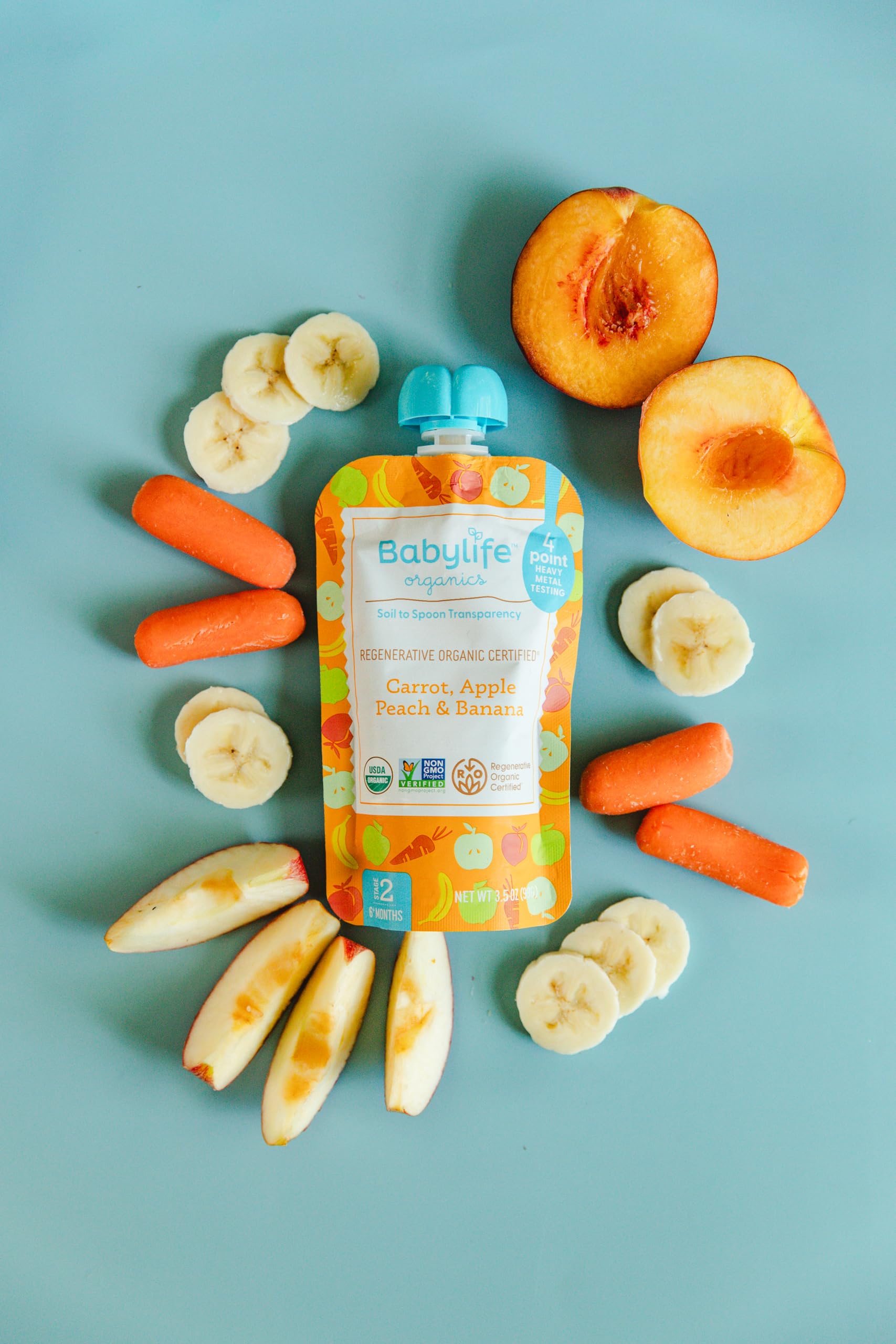 Babylife Organics Stage 2 - Carrot, Apple, Peach & Banana, 3.5 Ounce Pouch (6 Pack) - Heavy Metal Safe, Organic Baby Food