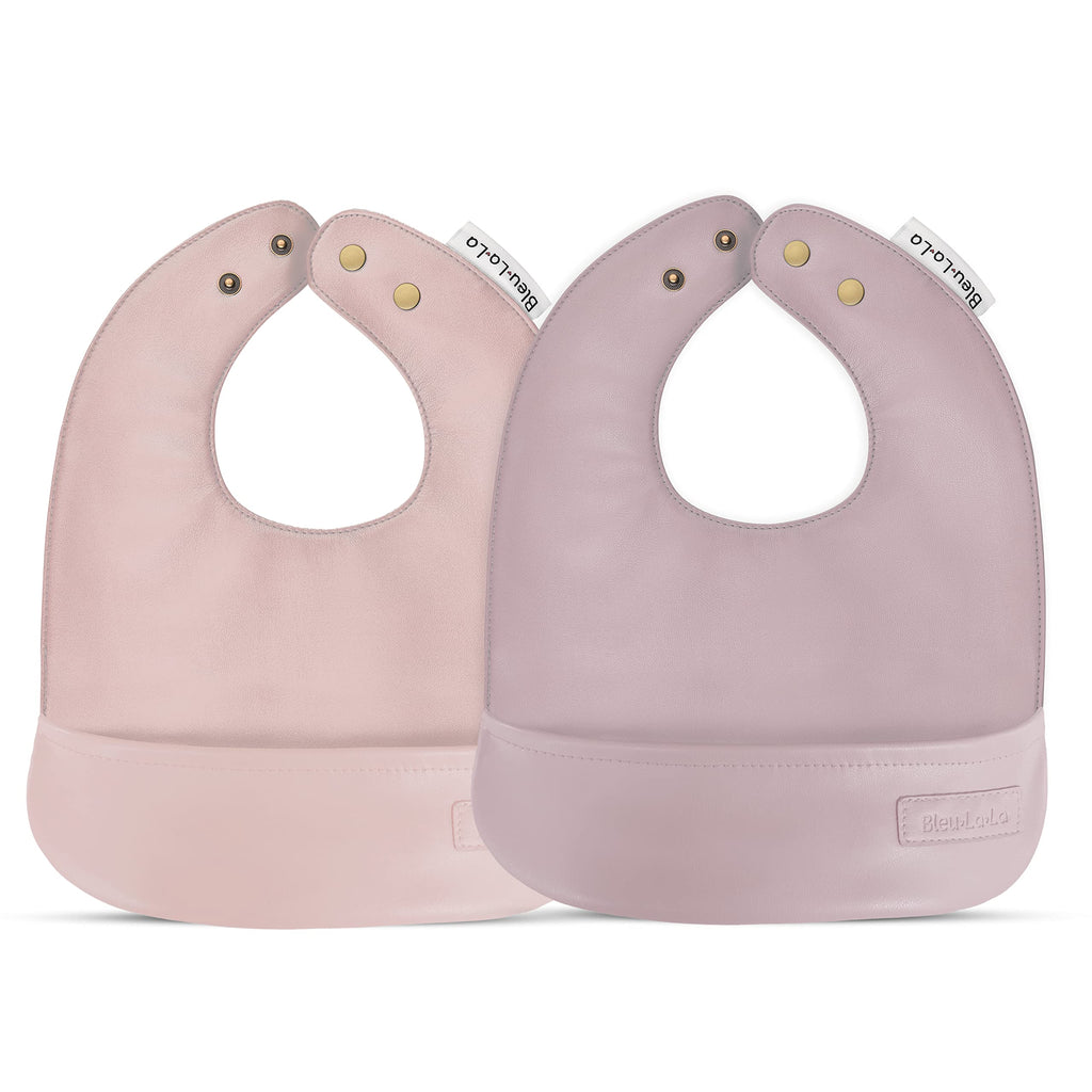 Bleu La La Vegan Leather Easy Clean Baby Bibs with Pocket and Snaps for Infants 0-12 Months (Blush Pink + Mauve)