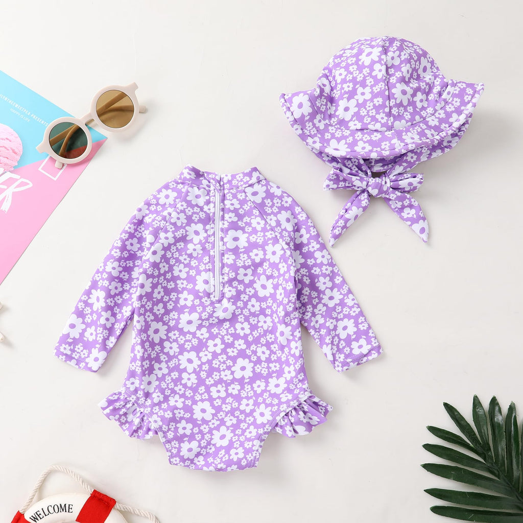 Infant Baby Girl Swimsuit One-Piece Long Sleeve Rash Guard with Hat Set Floral Zipper Bathing Suit Leopard Beach Wear(Purple#Flower,18-24 Months)