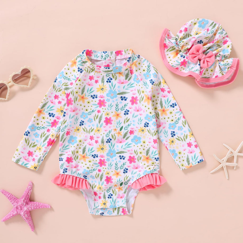 Infant Baby Girl Swimsuit One-Piece Long Sleeve Rash Guard with Hat Set Floral Zipper Bathing Suit Leopard Beach Wear(Plants, 6-12M)