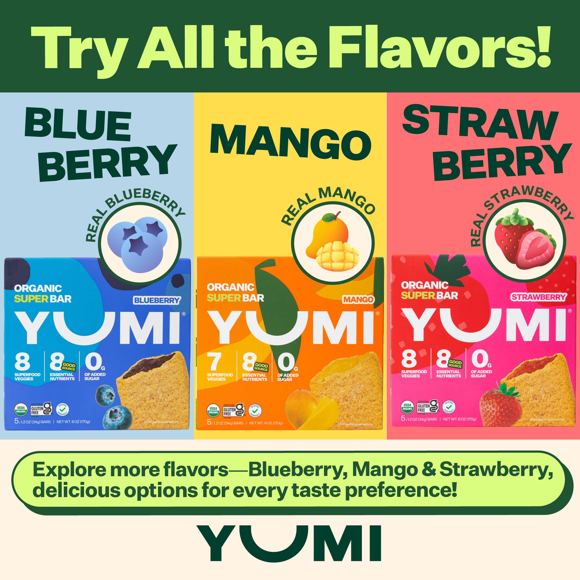 YUMI Organic Breakfast Superbar 7 Superfood Veggies High Fiber, Mango, 30CT