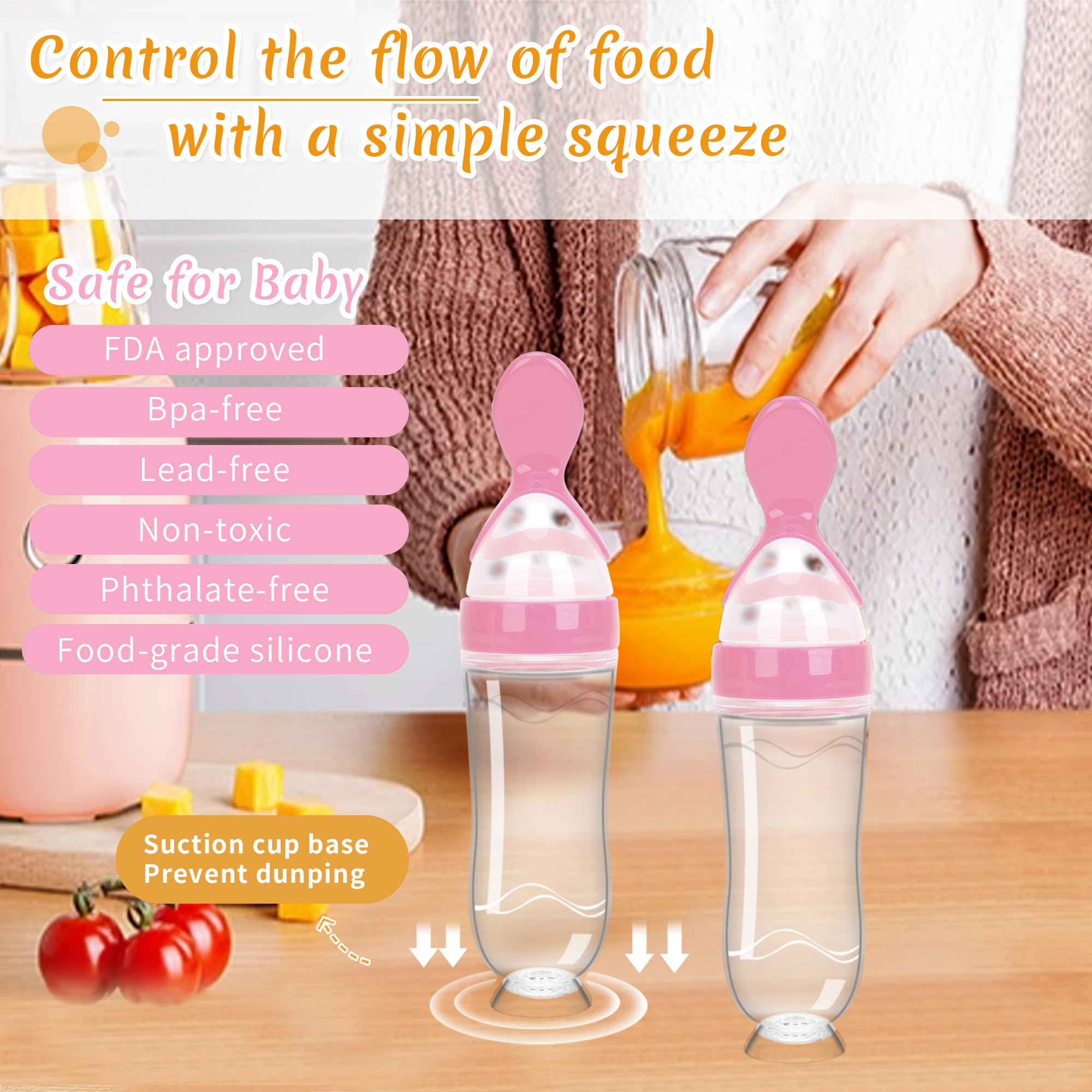 WAJIAYON Baby Food Feeder 4 Pack Silicone Baby Food Dispensing Spoon-3 oz Squeeze Feeding Spoons with Suction Cup for Boys Girl Kids Toddlers - Self Feeding Bottle Spoon-Pink
