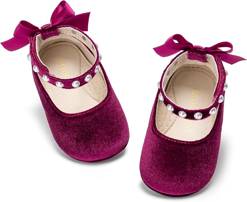 Baby Girls Mary Jane Flats - Infant Newborn Walking Shoes Soft Rubber Sole Princess Wedding