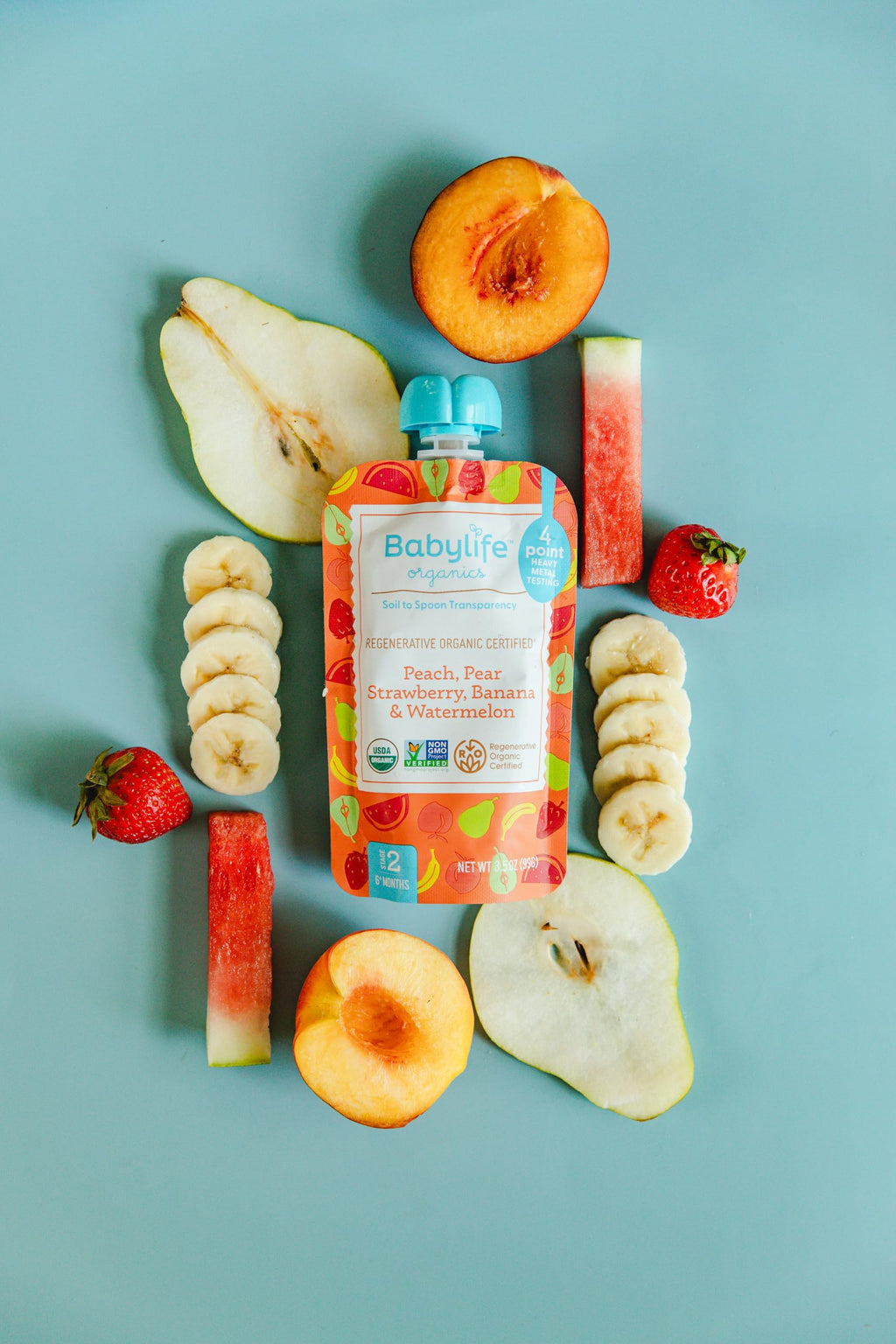 Babylife Organics Stage 2 - Peach, Pear, Strawberry, Banana & Watermelon, 3.5 Ounce Pouch (6 Pack) - Heavy Metal Safe, Organic Baby Food