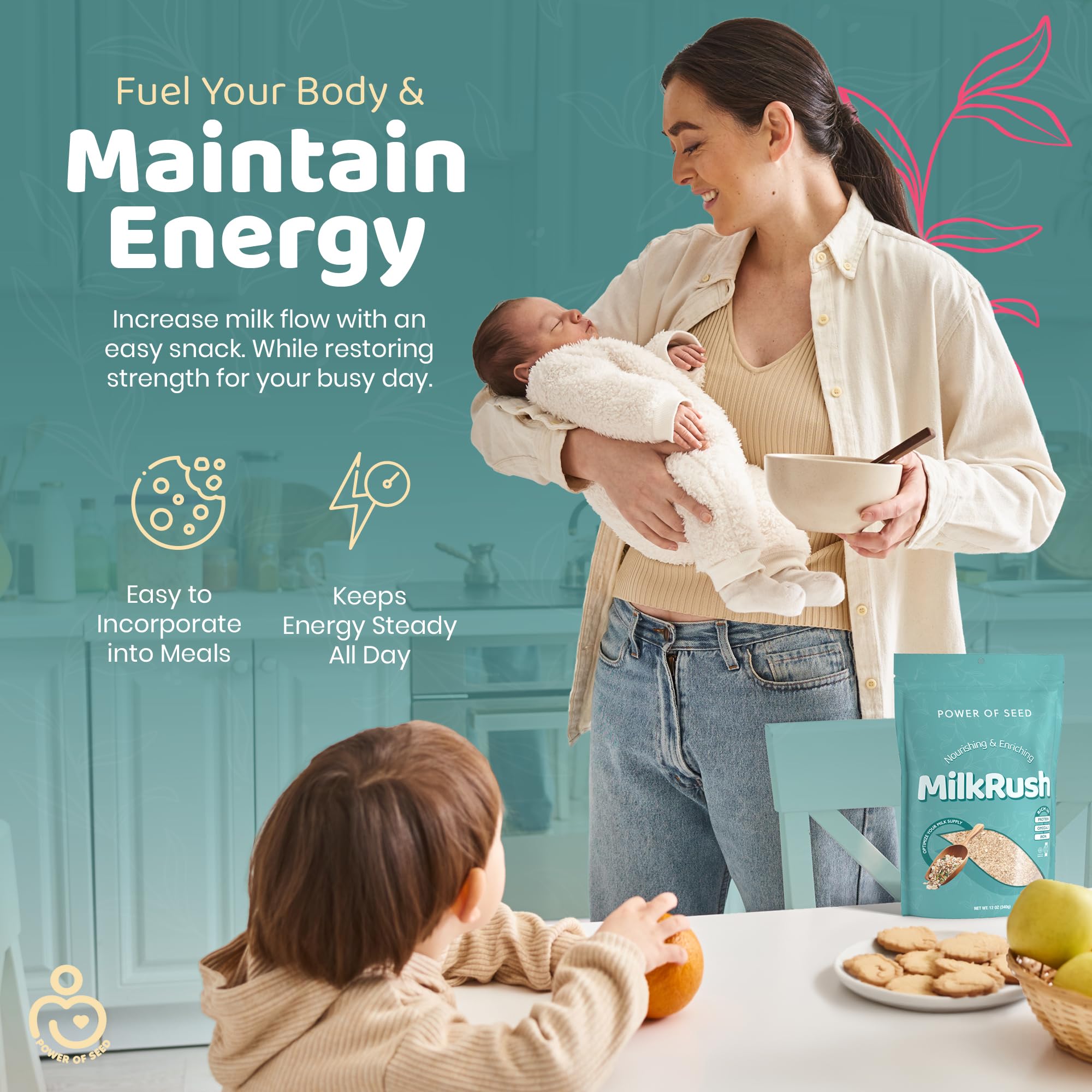 Milkrush Lactation Support for Breastfeeding-Oats Seeds & Almond Lactation Drink Mix - Enrich Milk for Breastfeeding with Superfood Omega 3, Iron & Calcium - Kosher Certified - 12oz Bag