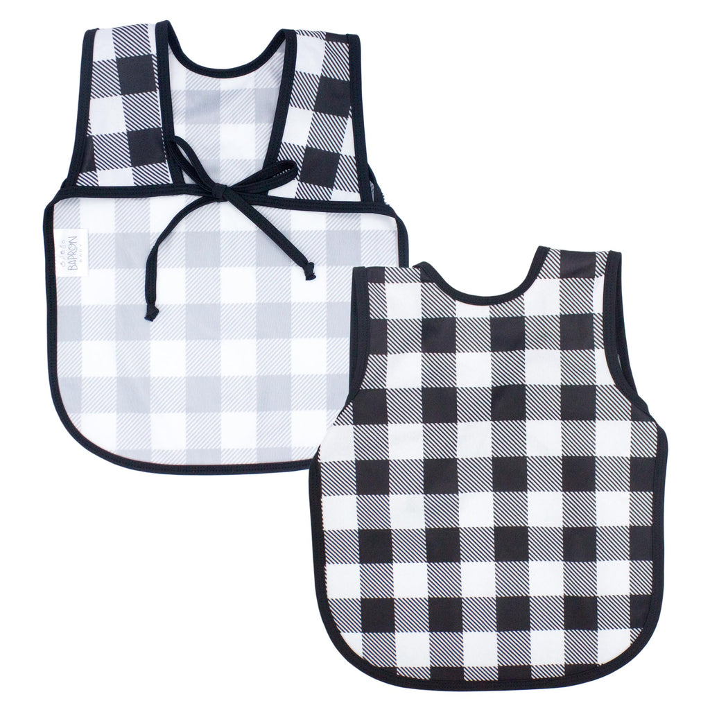 BapronBaby White Buffalo Plaid Bapron - No Neck Tie Safer Bib for Baby & Toddler - Soft Waterproof Stain Resistant - Machine Washable - Sz Baby/Toddler 6m-3T