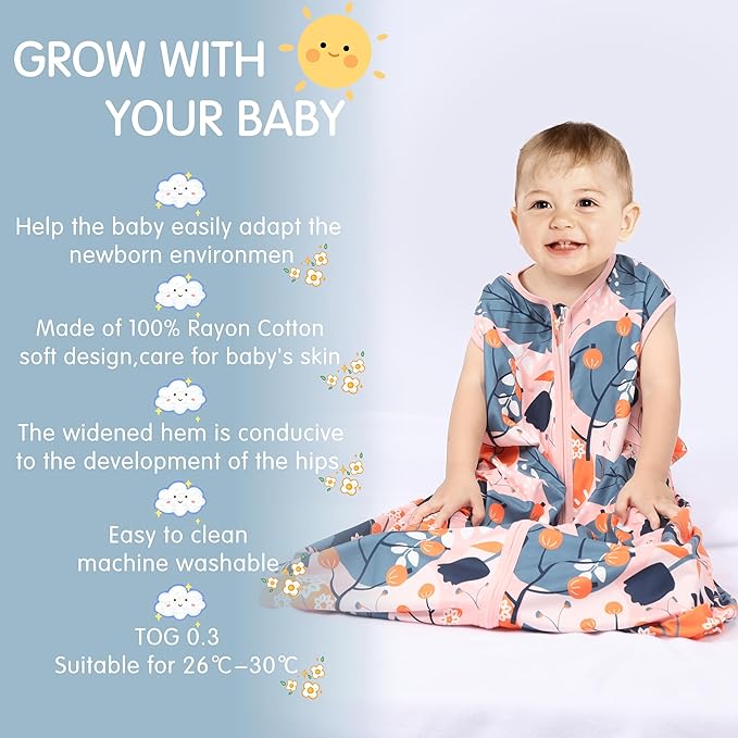 3 Pack Baby Sleep Sack 100% Rayon Cotton Baby Sleeping Bag 2-Way Zipper Toddler Wearable Blankets TOG 0.3. (Gerbera&Tulips&Pink, 6-12 Months)