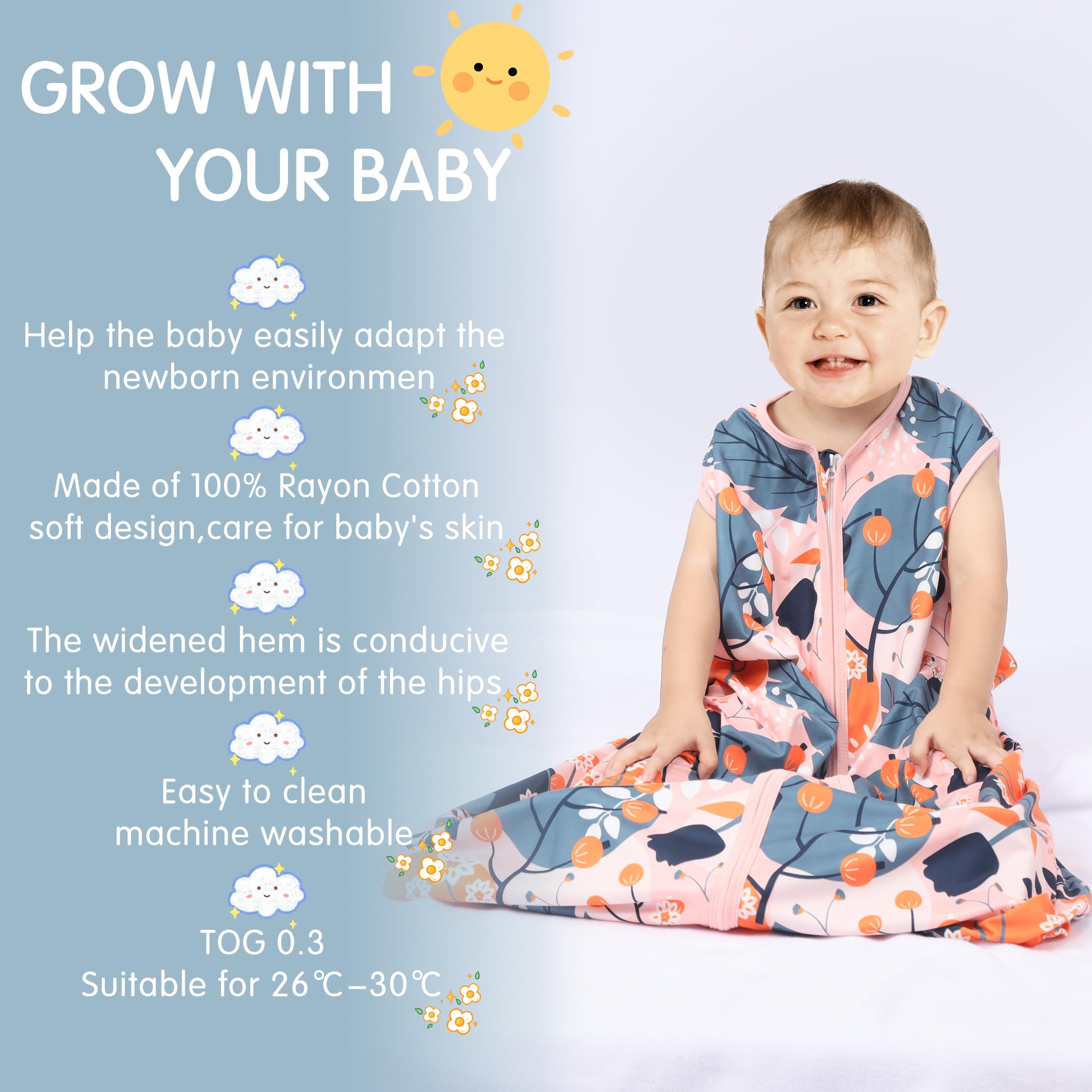 BSTOPPT 3 Pack Baby Sleep Sack 100% Rayon Cotton Baby Sleeping Bag 2-Way Zipper Toddler Wearable Blankets TOG 0.3. (Gerbera&Tulips&Pink, 12-18 Months)