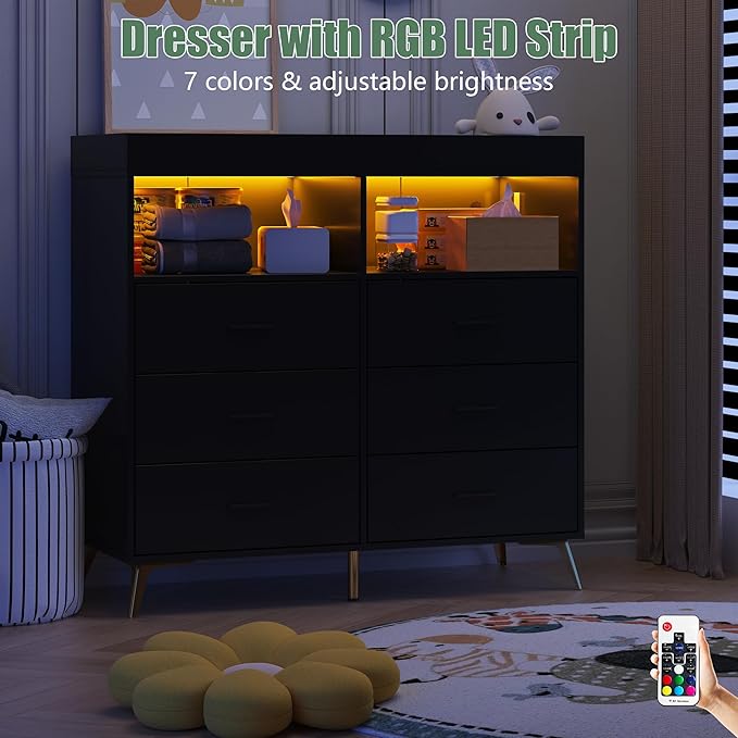 GarveeHome Dresser for Bedroom with 6 Drawers, Baby Changing Table Dresser with Changing Pad, LED Lights & Charging Station, Baby Changing Station with Changing Table Top (Black)