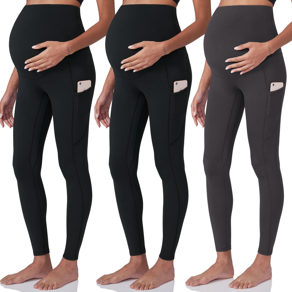 POSHDIVAH 3 Pack Women's Maternity Leggings, Black Black Grey Small