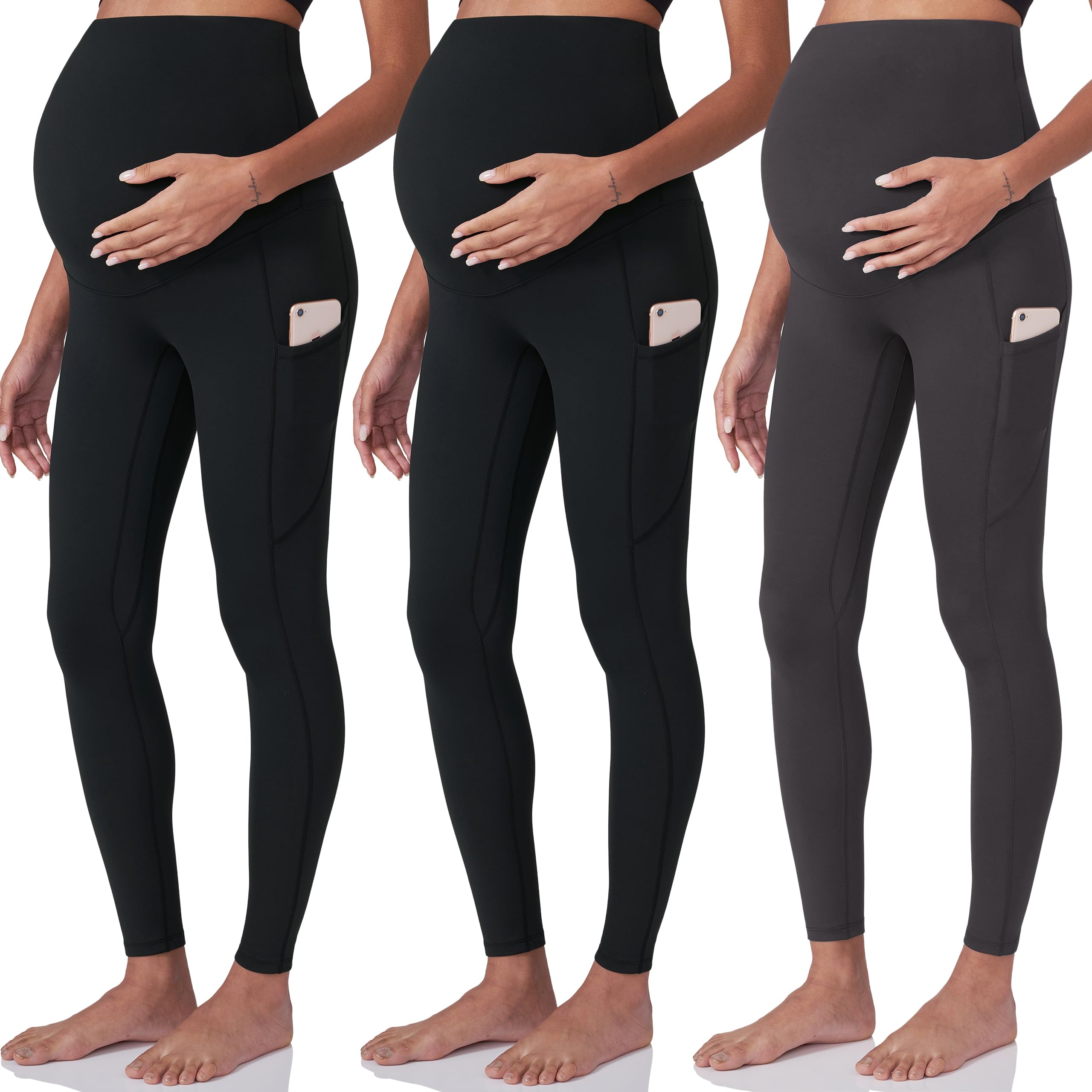 POSHDIVAH 3 Pack Women's Maternity Leggings, Black Black Grey Small