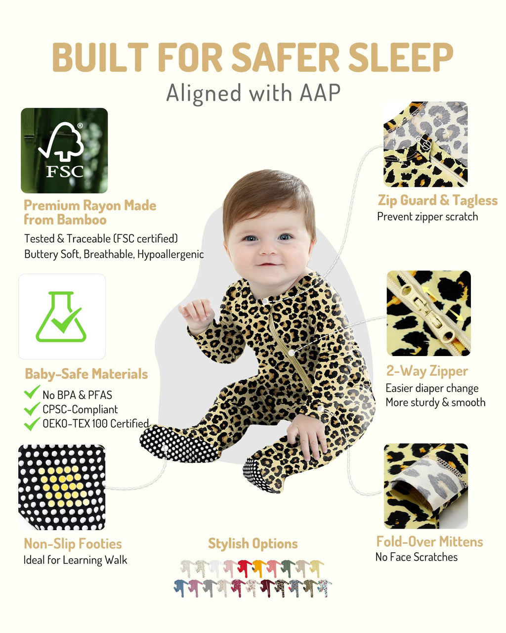 HAPIU Rayon from Bamboo Baby Footed Pajamas, 2 Way Premium Zipper, Footie for Baby Boy Girls, Newborn-24 Months, 2 Pack, Leopard & Grasse Rose, 6-12 Months