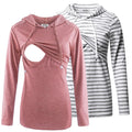 GINKANA Women Nursing Pullover Hoodie Long Sleeve Maternity Sweatshirt Casual Breastfeeding Top,Rose+White with Grey Stripe,XL