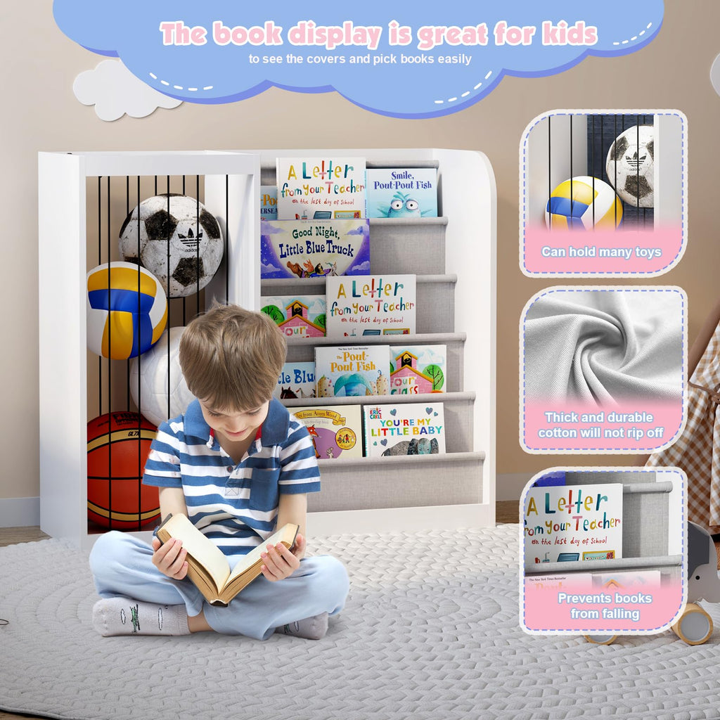 HedoAjim White Kids Bookshelf & Stuffed Animal Net Holder Plush Toy Storage Organizer Child Bookcase Toddler Baby Sling Book Rack for Playroom Bedroom Nursery Infant Boys Girls Classroom
