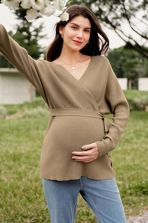 OUGES Womens Soft Cotton Blend Maternity Sweater Wrap V Neck Long Sleeve V Back Fall Shirts Pregnancy Outfits with Belt