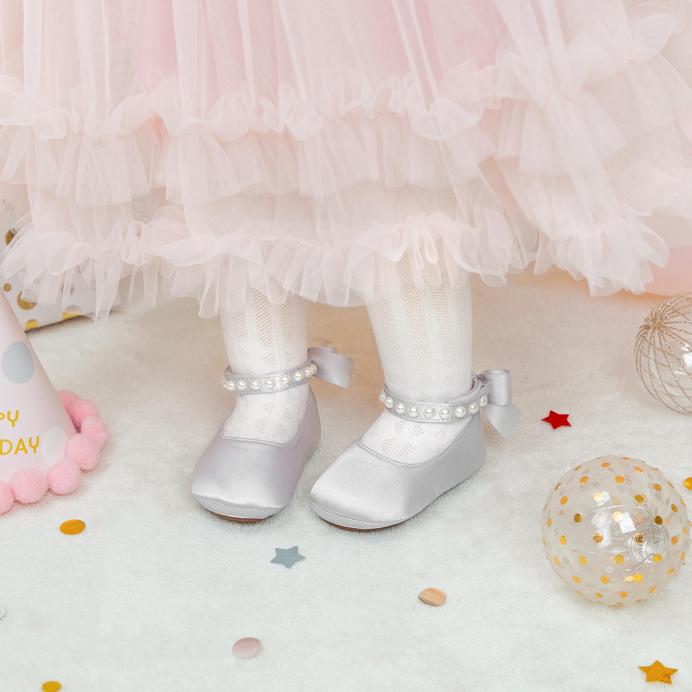PHIRAMIN Baby Girls Silver Grey Mary Jane Flats - Infant 9-12 Months Walking Shoes Soft Rubber Sole Princess Wedding