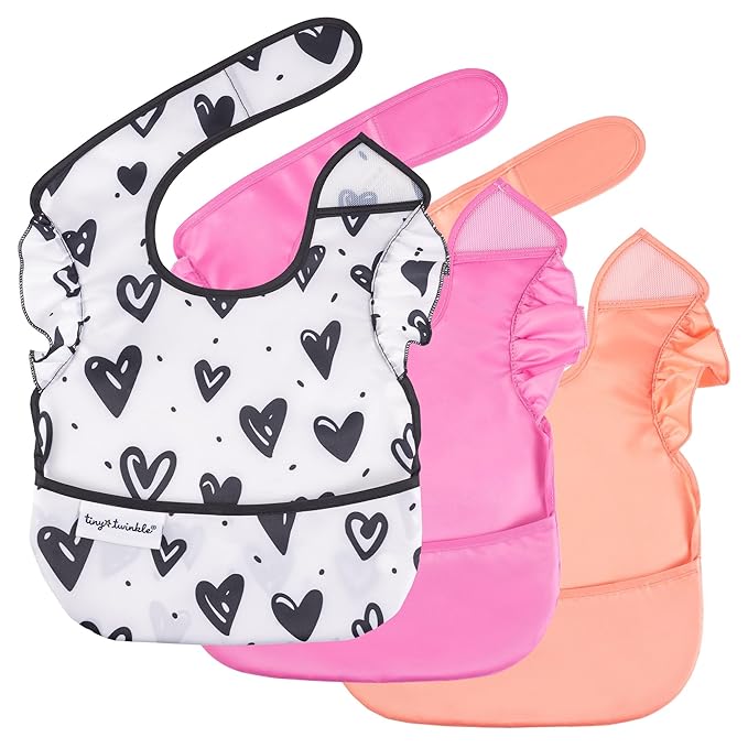Tiny Twinkle Mess Proof Baby Bibs for Eating – Waterproof, Wipeable Toddler Bibs with Pocket – Baby Food Bibs for Girls & Boys(3 Pack,Girl Hearts)