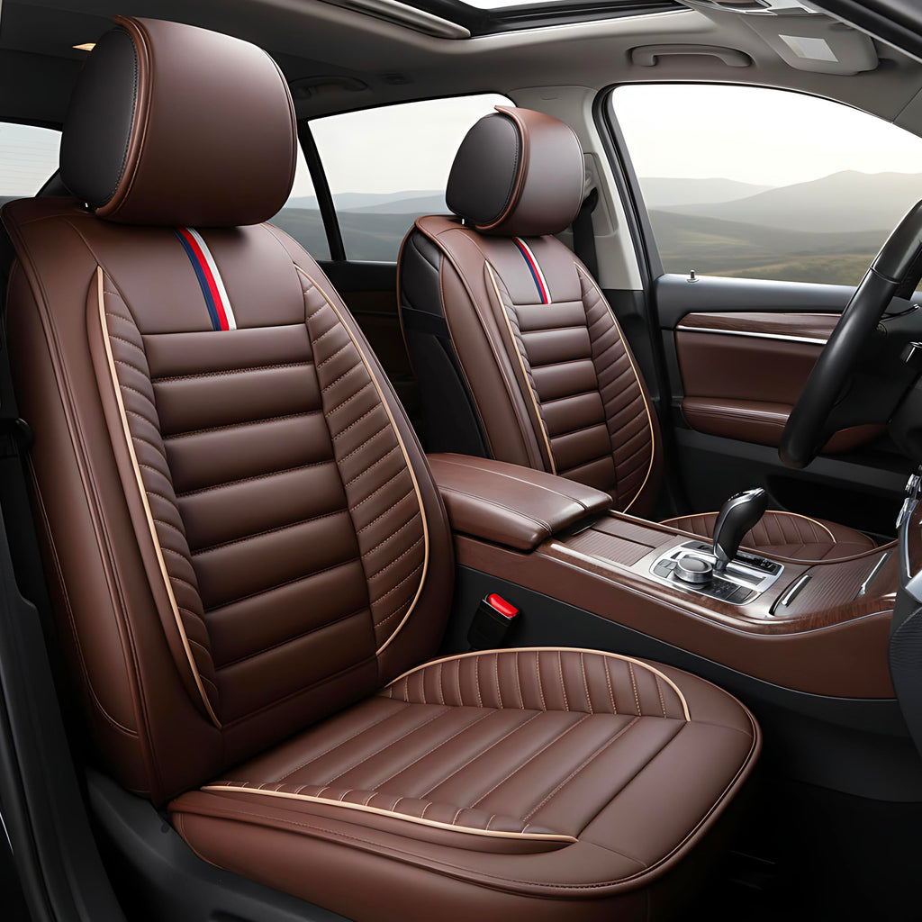 OASIS AUTO Car Seat Covers Full Set Premium Waterproof Faux Leather Cushion Universal Accessories Fit SUV Truck Sedan Automotive Vehicle Auto Interior Protector (OS-001 Brown)