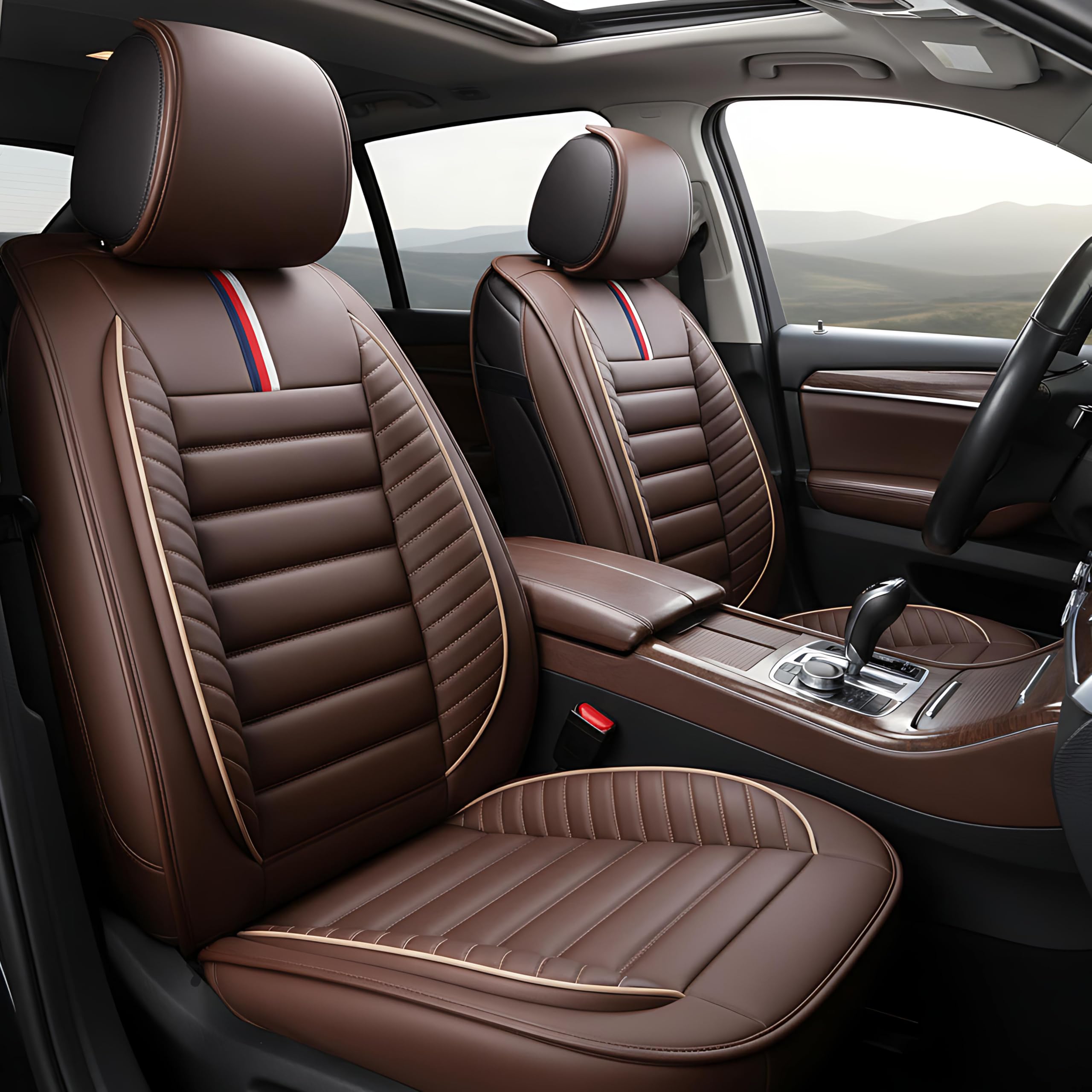 OASIS AUTO Car Seat Covers Full Set Premium Waterproof Faux Leather Cushion Universal Accessories Fit SUV Truck Sedan Automotive Vehicle Auto Interior Protector (OS-001 Brown)
