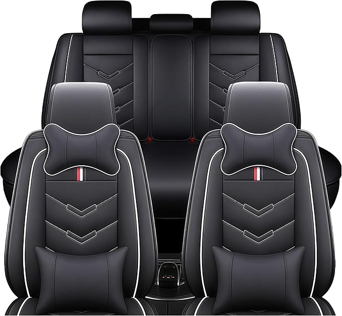 Leather Car Seat Covers Fit for LR Range Rover Evoque 2019-2025, 5 Seater Waterproof and Wear-Resistant Seat Cover Interior Accessories(Full Set with Pillow,Black&White)