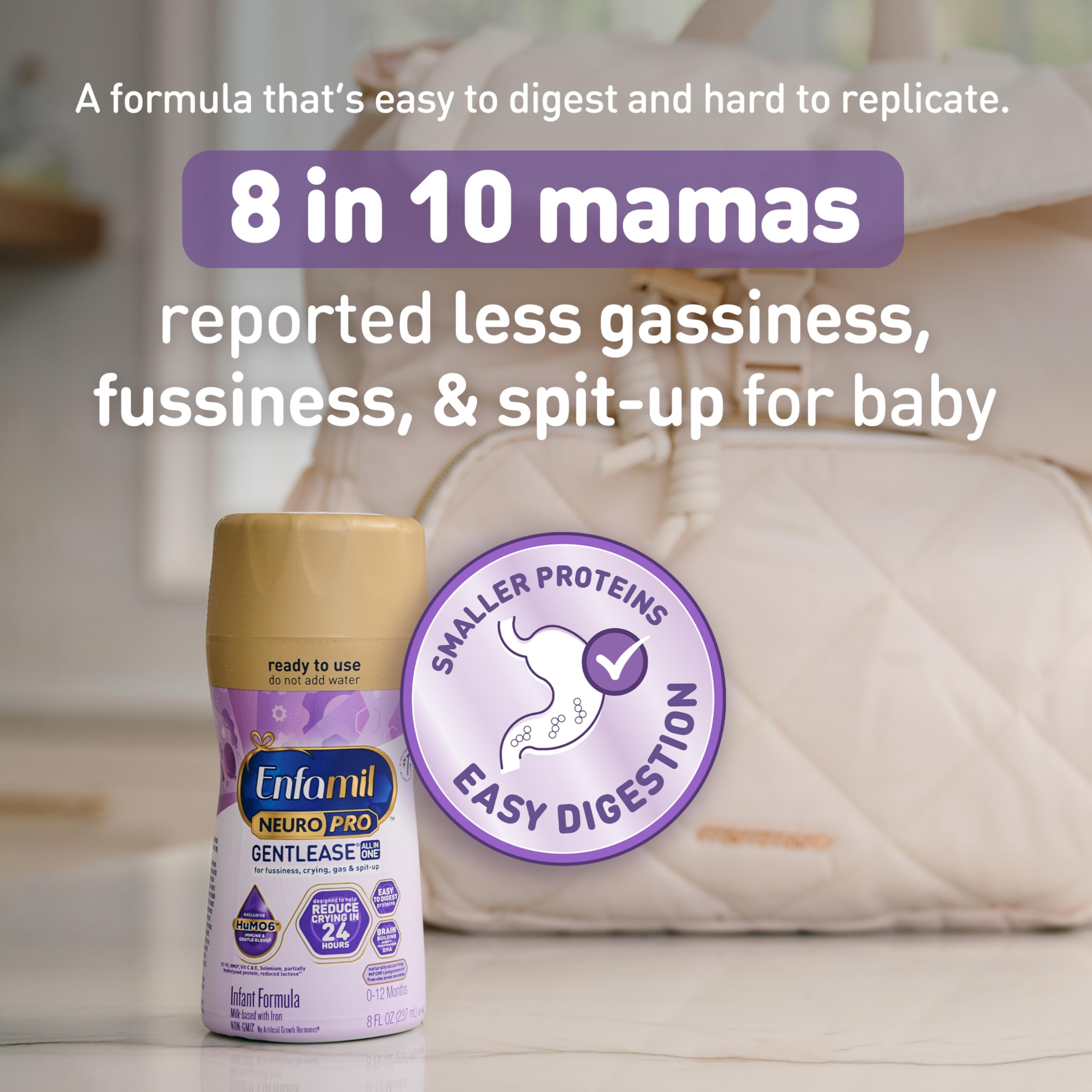 Enfamil NeuroPro Gentlease Ready-to-Feed with Smaller Proteins for Easy Digestion,Brain Supporting DHA, HuMO6* Blend, Baby Formula for easing Fussiness, Gas, Spit-up in 24hrs, 8 Fl Oz (6 ct), 4 Pack