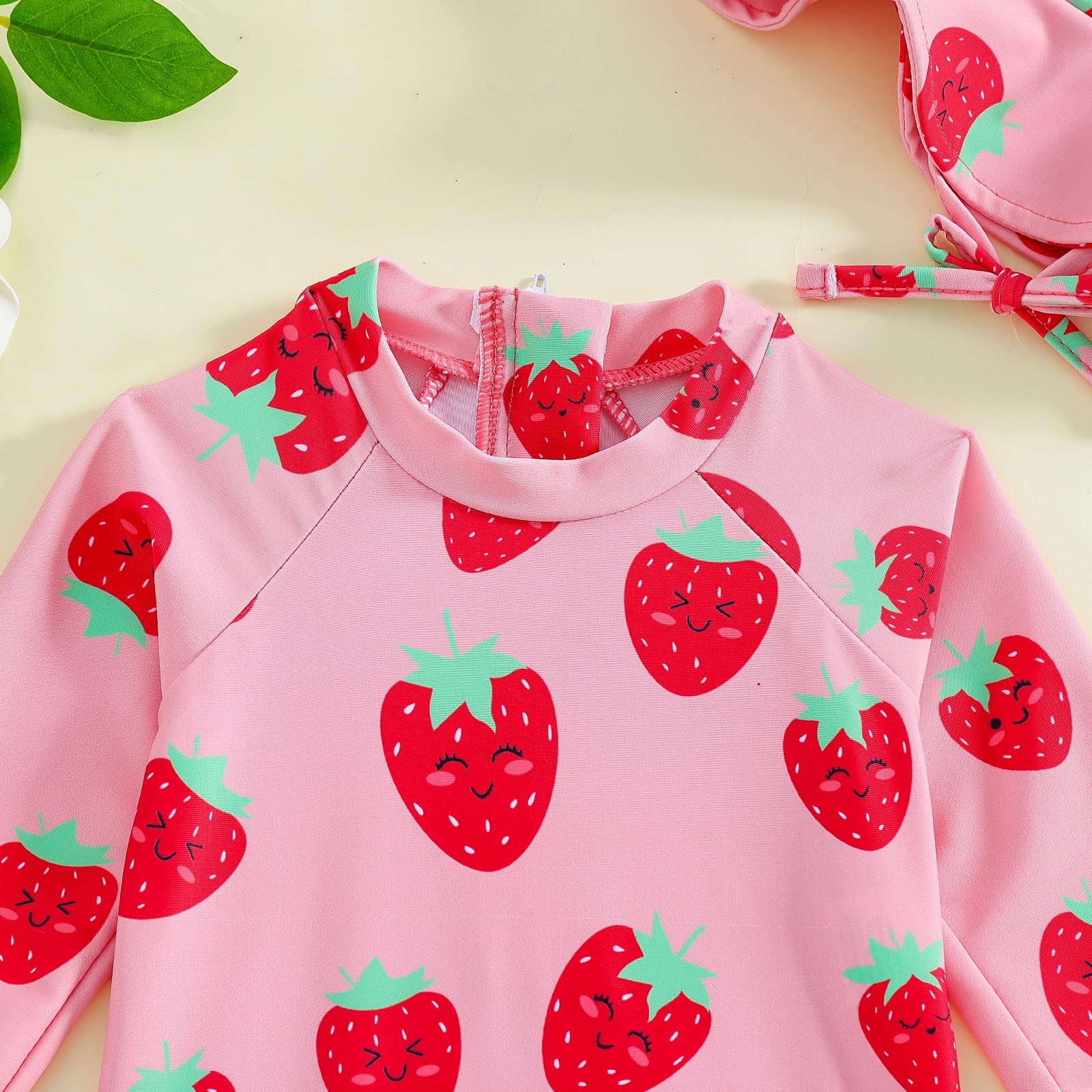 WOLBAY Baby Girl Swimsuit Long Sleeve One Piece Rash Guard with Sun Hat Zipper Bathing Suit Size 0-2T (US, Age, 18 Months, 24 Months, Strawberry)