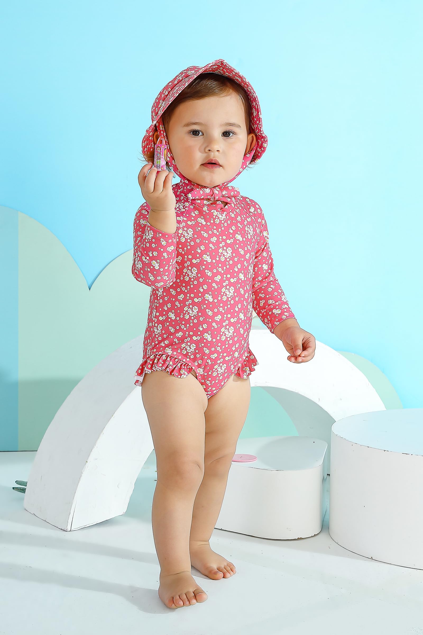 YOUNGER TREE Infant Baby Girl Swinsuit One-Piece Long Sleeve Rash Guard with Hat Set Floral Zipper Bathing Suit Leopard Beach Wear (6-12 Months, Flower#1)
